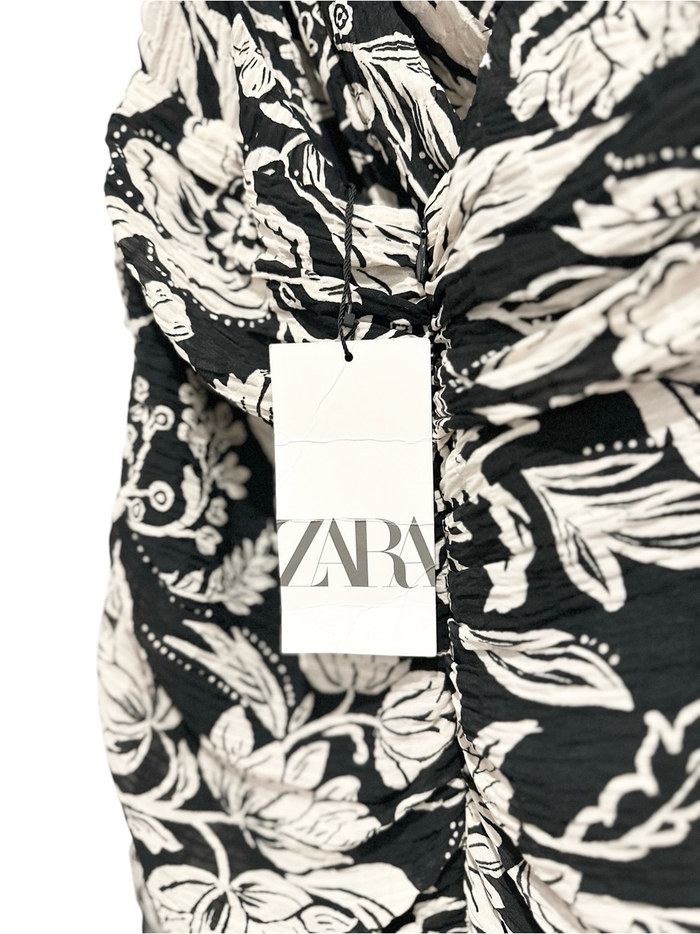 NWT ZARA One Shoulder Floral Black & White Ruched Mini Dress Medium - Picture 6 of 8